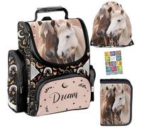 PASO - Set di 4 zaini per la scuola per ragazzi e ragazze, zaino per la scuola per bambini con astuccio - Borsa per scarpe e quaderno per i compiti - motivo cavalli - 1-3 classe