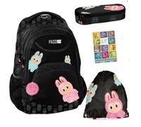PASO - Set di 4 zaini per la scuola per ragazzi e ragazze, zaino per la scuola per bambini con astuccio - Borsa per scarpe e quaderno per i compiti - Motivo Bubu - 1-3 classe
