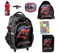 PASO Set di 6 zaini per la scuola per bambini e bambine, con trolley, astuccio per la scuola, borsa per scarpe, borraccia e portapranzo, motivo: Spiderman, classe 1-3