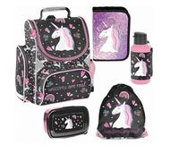 PASO - Set di 6 zaini per la scuola per ragazzi e ragazze, zaino per la scuola per bambini con astuccio - Borsa per scarpe borraccia e contenitore per il pranzo - motivo unicorno - 1-3 classe