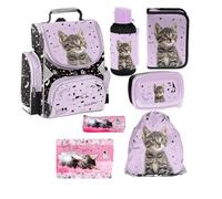 PASO - Set di 6 zaini per la scuola per ragazzi e ragazze, zaino per la scuola per bambini con astuccio - Borsa per scarpe borraccia e contenitore per il pranzo - motivo gatto - 1-3 gradi, multicolore