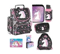 PASO - Set di 8 zaini per la scuola per ragazzi e ragazze, zaino per la scuola per bambini con astuccio, borsa per scarpe, bottiglia e contenitore per il pranzo, motivo unicorno - 1-3 classe
