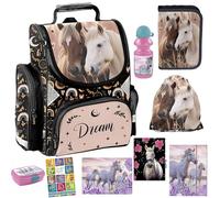 PASO - Set di 9 zaini per la scuola per ragazzi e ragazze, zaino per la scuola per bambini con astuccio, borsa per scarpe, quaderno per i compiti a casa, cavalli