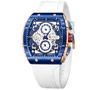 PASOY Cronografo di lusso per uomo cinturino in gomma nero impermeabile data orologio analogico al quarzo, bianco, Sport