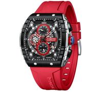 PASOY Cronografo di lusso per uomo cinturino in gomma nero impermeabile data orologio analogico al quarzo, Rosso, Sportivo