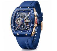 PASOY Cronografo di lusso per uomo cinturino in gomma nero impermeabile data orologio analogico al quarzo, Blu, Sportivo