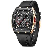 PASOY Cronografo di lusso per uomo cinturino in gomma nero impermeabile data orologio analogico al quarzo, Nero, Sportivo