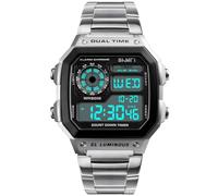 PASOY Orologio digitale multifunzione da uomo, doppio fuso orario, sveglia, cronometro, conto alla rovescia, retroilluminato, impermeabile, Argento, M, alla moda