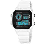 PASOY Orologio digitale multifunzione da uomo, doppio fuso orario, sveglia, cronometro, conto alla rovescia, retroilluminato, impermeabile, Bianco A., Sportivo