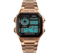 PASOY Orologio digitale multifunzione da uomo, doppio fuso orario, sveglia, cronometro, conto alla rovescia, retroilluminato, impermeabile, oro rosa, Orologio al quarzo, digitale