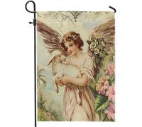 Pasqua angelo bandiera giardino vintage cottagecore pecora floreale cristiano metà secolo opere d'arte beige lino per benvenuto Pasqua cortile bandiera esterno portico arredamento casa vacanza