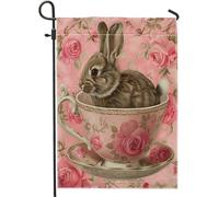 Pasqua coniglio bandiera giardino kawaii coniglietto nella tazza floreale classico lino rosa per festa di Pasqua cortile bandiera pinne bandiera giardino esterno portico arredamento casa vacanza