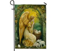 Pasqua grazioso angelo bandiera giardino fantasia foresta oro ali carini conigli uova floreali retrò verde oro lino per benvenuto Pasqua cortile bandiera esterno portico arredamento casa vacanza