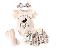 Pasqua Neonata Tutina Completo Bambina Pasqua Pagliaccetto Bunny Stampa Vestiti Set 4 Pezzi Completini Coniglio Stampa Bimba Vestiti Estivi Tutina Manica Corta+Gonna+Fascia+Calzini (Khaki, 3-6 Months)