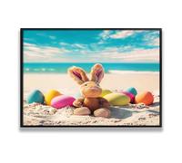 Pasqua Spiaggia Coniglietto Tela Stampa Artistica Uova Vibranti Immagine Spiaggia Costiera Oceano Scena Poster Pittura per Soggiorno Sala Da Pranzo Decor 40x60cm con Cornice Nera