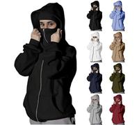 Passamontagna antivento da donna con cappuccio e maschera - Felpa termica a doppio strato con zip, Nero , M