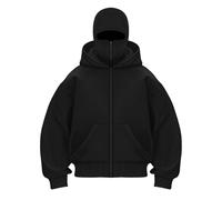 Passamontagna con doppio cappuccio e maschera, unisex, antivento, in pile, con cerniera intera, per allenamento atletico, Nero , S
