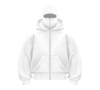 Passamontagna con doppio cappuccio e maschera, unisex, antivento, in pile, con cerniera intera, per allenamento atletico, bianco, XXL