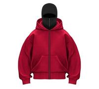 Passamontagna con doppio cappuccio e maschera, unisex, antivento, in pile, con cerniera intera, per allenamento atletico, Rosso, M