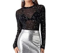 Passec Top a strati a maniche lunghe in rete trasparente per le donne girocollo in pizzo floreale camicetta sexy vedere attraverso uscire camicie, Paillettes scintillanti, Small