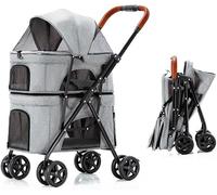 Passeggini trolley per animali domestici a doppio strato Passeggino per cani da compagnia per 2 cani/gatti Passeggino da viaggio traspirante Ottimo per gemelli o multipli (blu) (Grigio a)