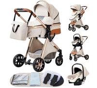 Passeggino 3 in 1 Pieghevole Carrozzina Per Neonati Seggiolini Auto, Zanzariere, Copripioggia, Sacchetti di Urina (LV9 crema)