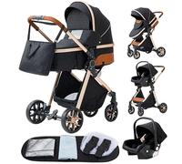 Passeggino 3 in 1 Pieghevole Carrozzina Per Neonati Seggiolini Auto, Zanzariere, Copripioggia, Sacchetti di Urina (LV9 nero)