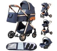 Passeggino 3 in 1 Pieghevole Carrozzina Per Neonati Seggiolini Auto, Zanzariere, Copripioggia, Sacchetti di Urina (LV9 blu)
