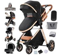 Passeggino 3 in 1, Trio Neonati da Viaggio Reversibile, Passeggino Pieghevole One-Click e Accessori Completi, Doppia Modalità di Freno per Ruote Anteriori e Posteriori (Black+Asciugamano da bagno)