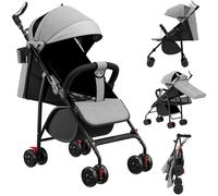 Passeggino Canna Bambino Ultra Leggero Compatto, Pieghevole e Inclinabile Nascita a 25 kg con Sistema Trolley, Copertura Antipioggia Inclusa, e Cappuccio Espansibile-Grigio
