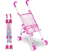 Passeggino Carrozzina per Bambole Giocattolo per Bambini Pieghevole Rivestimento in Tessuto Fantasia con 4 Ruote Dimensione 51 x 26 x 55 cm