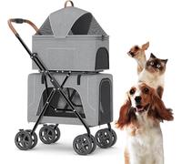 Passeggino da viaggio a 2 strati, gabbia per passeggino traspirante per cani, a doppio strato per 2 cani/gatti, passeggino pieghevole per cani e gatti (grigio a)
