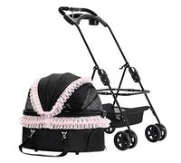 Passeggino da viaggio per cani e gatti di piccola e media taglia, passeggino pieghevole a 4 ruote, carrello da viaggio con portabicchieri (rosa)