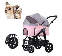 Passeggino di lusso per cani, gatti, animali domestici, con maniglia regolabile, design diviso con un solo pulsante, pieghevole a 360°, ruota ammortizzante universale a molla (rosa)