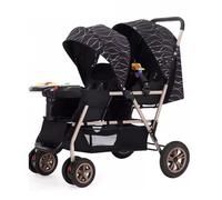 Passeggino doppio per bambino, facile da piegare e trasportare, leggero per gemelli con bracciolo, sedili multiposizione reversibili e reclinabili (colore: nero)
