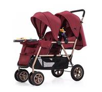 Passeggino doppio per bambino, facile da piegare e trasportare, leggero per gemelli con bracciolo, sedili multiposizione reversibili e reclinabili (colore: rosso)