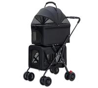 Passeggino doppio per cani e gatti, carrello da viaggio pieghevole con una sola mano con cestini rimovibili, ruote bloccabili, spazio per riporre oggetti, nero