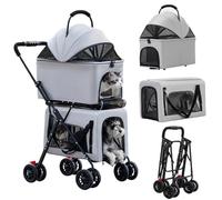 Passeggino doppio per cani e gatti, carrello da viaggio pieghevole con una sola mano con cestini rimovibili, ruote bloccabili, spazio per riporre oggetti, passeggino grigio per animali di piccola