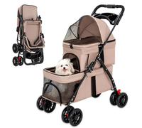 Passeggino doppio per cani e gatti, carrello pieghevole per cani con ruote bloccabili, comodo stoccaggio, facile da piegare con una mano, colore kaki leggero