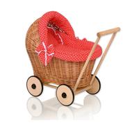 Passeggino in vimini STELLA per bambole con biancheria rossa e rivestimento morb
