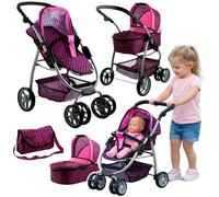Passeggino per Bambole 2in1 Combinato Borsa Pannolini Rosa Regolabile Manico