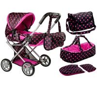 Passeggino per bambole Alice con marsupio e borsa nero-rosa