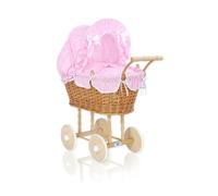 Passeggino per bambole alto in vimini con biancheria e rivestimento rosa NATALIA