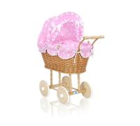 Passeggino per bambole alto in vimini con biancheria e rivestimento rosa NATALIA