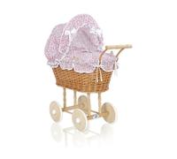 Passeggino per bambole alto in vimini con biancheria e rivestimento rosa NATALIA