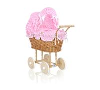 Passeggino per bambole alto in vimini con biancheria e rivestimento rosa NATALIA