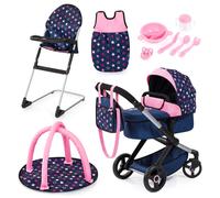 Passeggino per bambole Bayer XEO, seggiolone, sacco a pelo blu navy con acces...