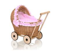 Passeggino per bambole in vimini con biancheria da letto rosa e rivestimento mor