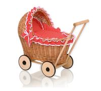 Passeggino per bambole in vimini con biancheria da letto rossa e rivestimento mo
