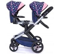 Bayer Design Design-26716AA 26716AA Carrozzina per Bambole Doppia, Passeggino gemellare, Regolabile in Altezza, Borsa, Colore Blu, Rosa, Stelle